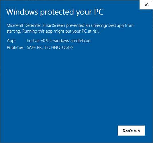 The same dialog on a hardened server: App and Publisher are shown, but only Don't run is offered