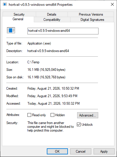 File properties: the Security line explains the file came from another computer, with an Unblock checkbox